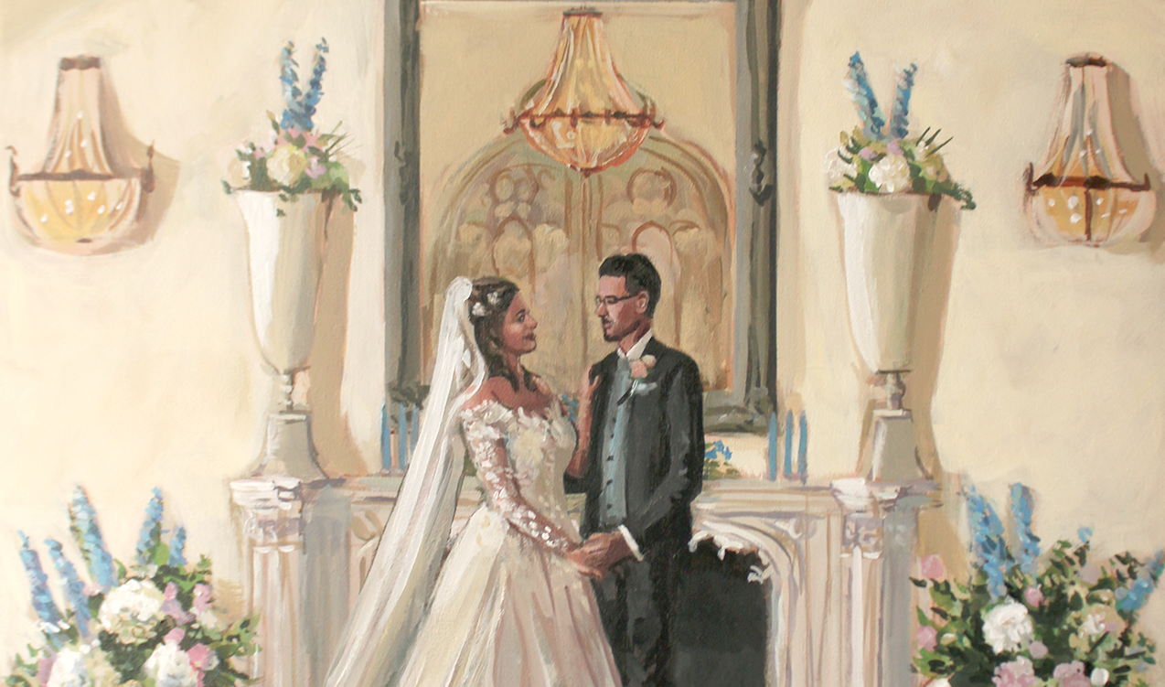 Schilderij van bruid en bruidegom. Bruidspaar in elkaars armen. In trouwzaal van Kasteel de Schaffelaar. Voor een spiegel. Bloemen, open haard, kaarsen, kroonluchter.