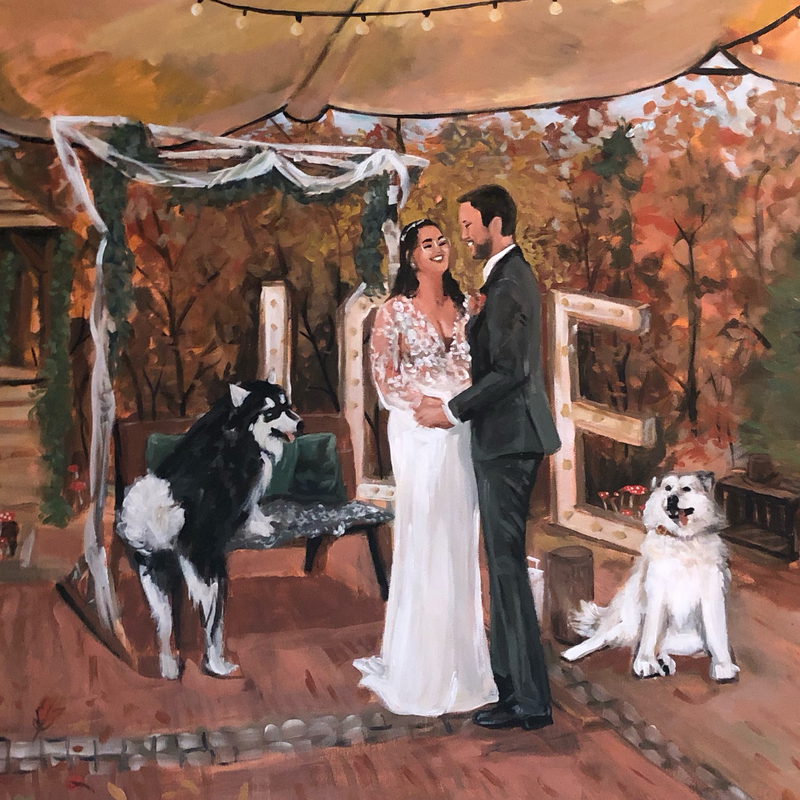 Wedding couple and their two cute Alaskan Malamute dogs. Autumn themed wedding, backdrop, bench. A bit of whimsical.
