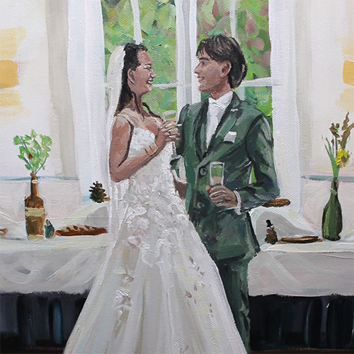 Wedding couple in front of a window, with drinks.