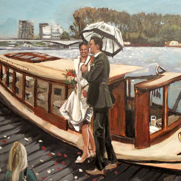 Schilderij van aankomst: bruidspaar stapt uit boot aan de Amstel. Paraplu erbij.