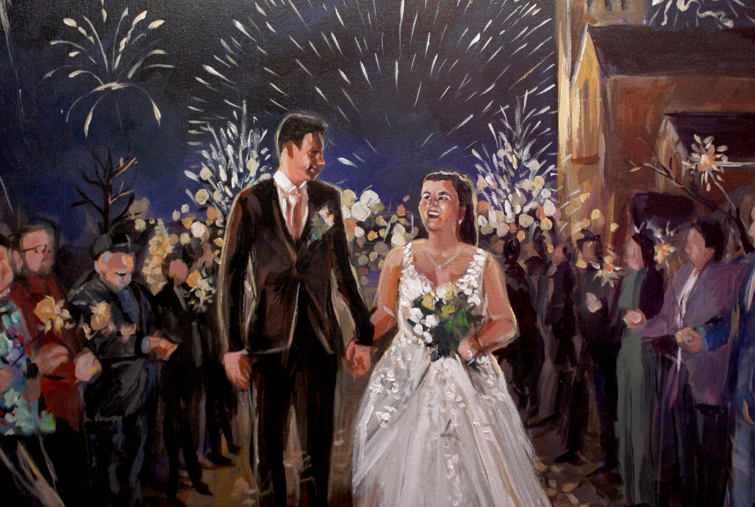 Schilderij van bruidspaar, lopend, met boeket. Vrienden en familie eromheen met sterretjes. Avondsetting met Oud&Nieuw, kerk en vuurwerk op de achtergrond