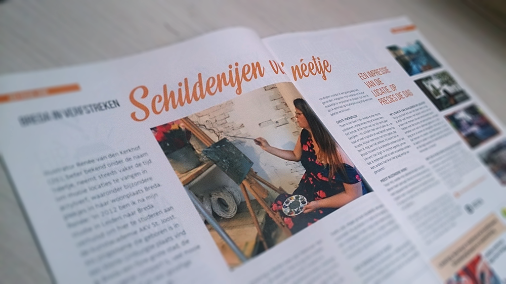 Foto van Regiojournaal, spread uit tijdschrift. Interview over live painting, op locatie. Schilderijen van néetje. Een impressie van de locatie op precies die dag.