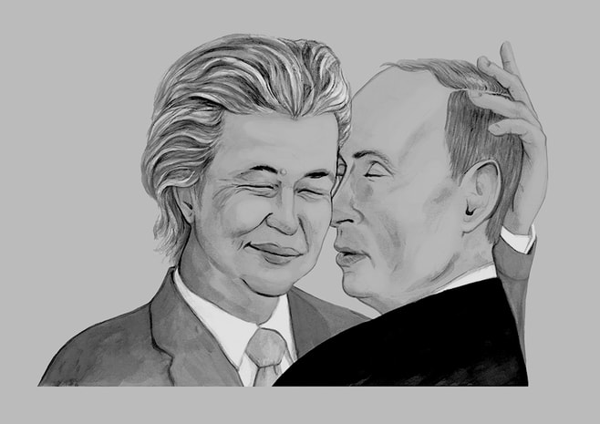 Zwart-witte illustratie van intieme omhelzing tussen Wilders en Poetin