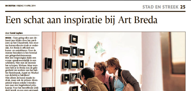 Screenshot van artikel in BN DeStem, katern Stad en Streek. Titel: 'een schat aan inspiratie bij art breda'. Mensen die naar kunstwerken kijken op de foto.