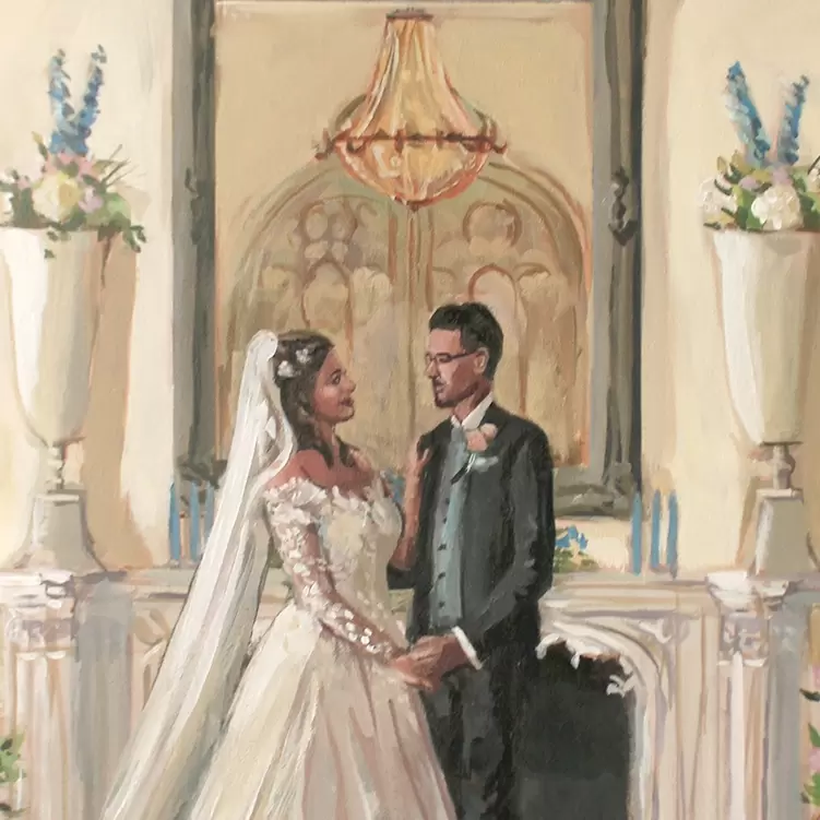 Detail schilderij met bruid en bruidegom in trouwzaal Kasteel Schaffelaar. Pasteltinten, spiegel, kroonluchter, bloemen, open haard.