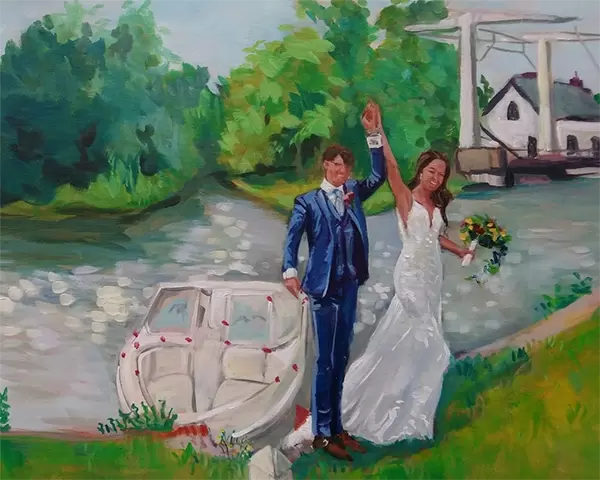 Gemälde Ankunft des Brautpaares mit dem Boot