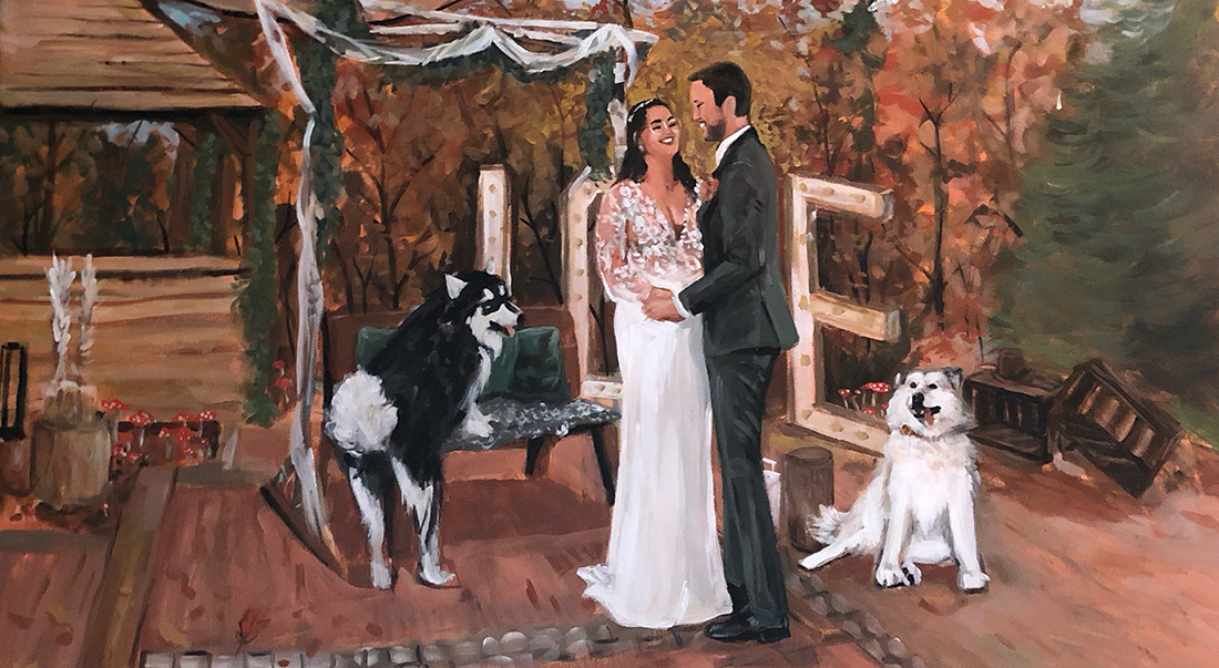 Bruiloftschilderij herfstbruiloft, geschilderd bruidspaar met honden