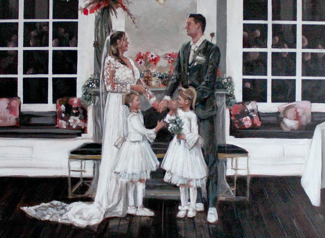 Bruiloftschilderij bruidspaar met tweelingdochters, in Kasteel Maurick te Vught, symmetrische zaal