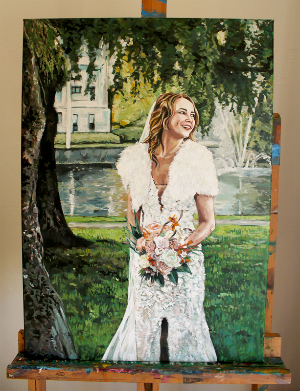 Schilderij met bruid op voorgrond.