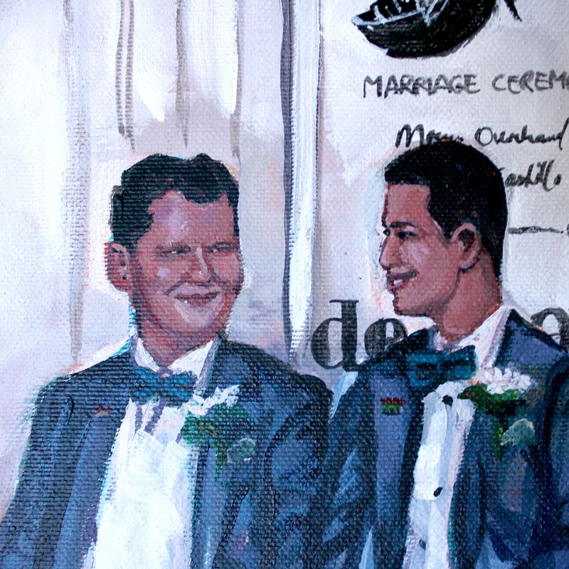 Wedding painting detail of two grooms, laughing