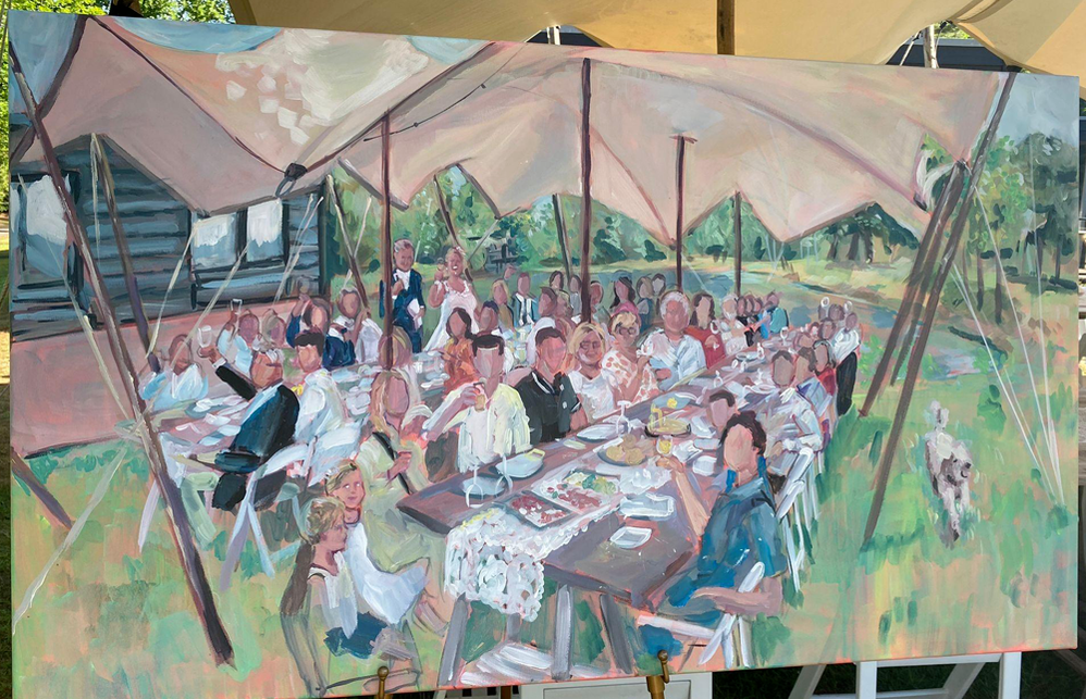 Schilderij Denekamp diner bruiloft, aan het water onder een tent