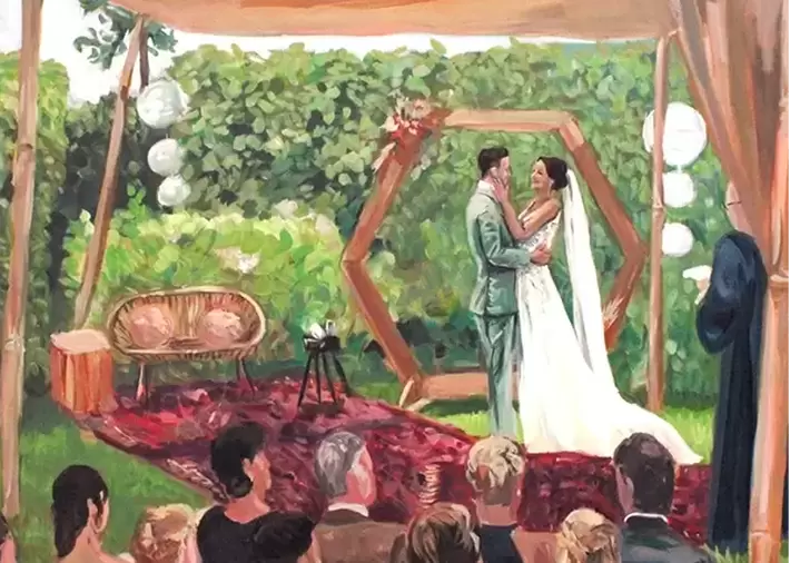 Schilderij van huwelijksdiner, de gasten proosten. Tafel staat in weiland, groene omgeving.