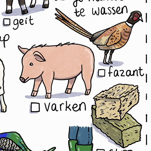 Detail uit speurtocht kinderboerderij, varken, schaap, fazant, pauw, laarzen, stro, hooi