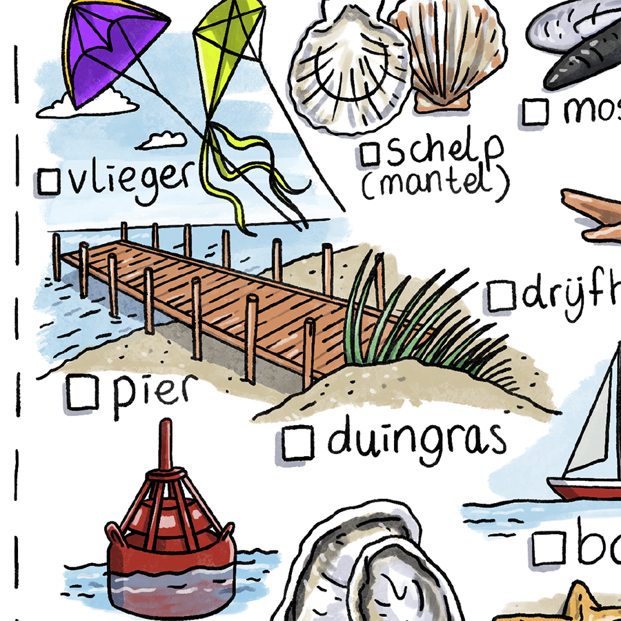 Detail uit illustratie strand speurtocht met vliegers, schelpen, drijfhout, pier, duingras, boot, boei