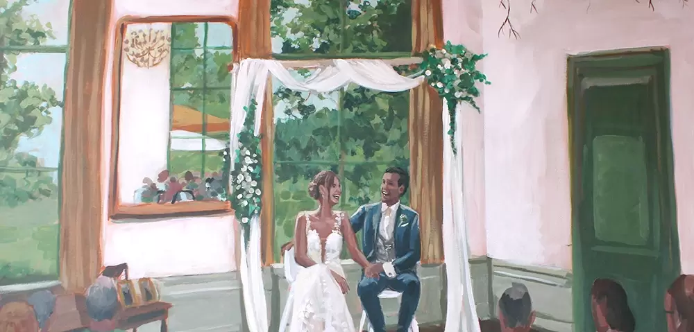 Uitsnede foto van schilderij, bruidspaar zittend in binnenruimte. Bruid en bruidegom, voor een backdrop en ramen. In Rotterdam, bij Dudok in 't park, binnen.