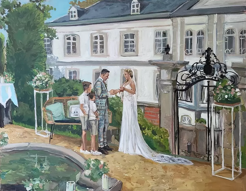 Painting, landscape ratio. Outside in the garden behind Kasteel Bloemendal. In the foreground a raised area with sand and pebbles and a fountain. Flowers on pillars, stately gate, castle windows, bushes. Groom and bride put on the rings. Their two sons are there. Bench and cushions on it and a box with the rings in it. On the left a standing table with a candle on which the deed was signed and the candle is lit for the deceased mother of the bride. Classic romantic setting. Blue sky, leaves.