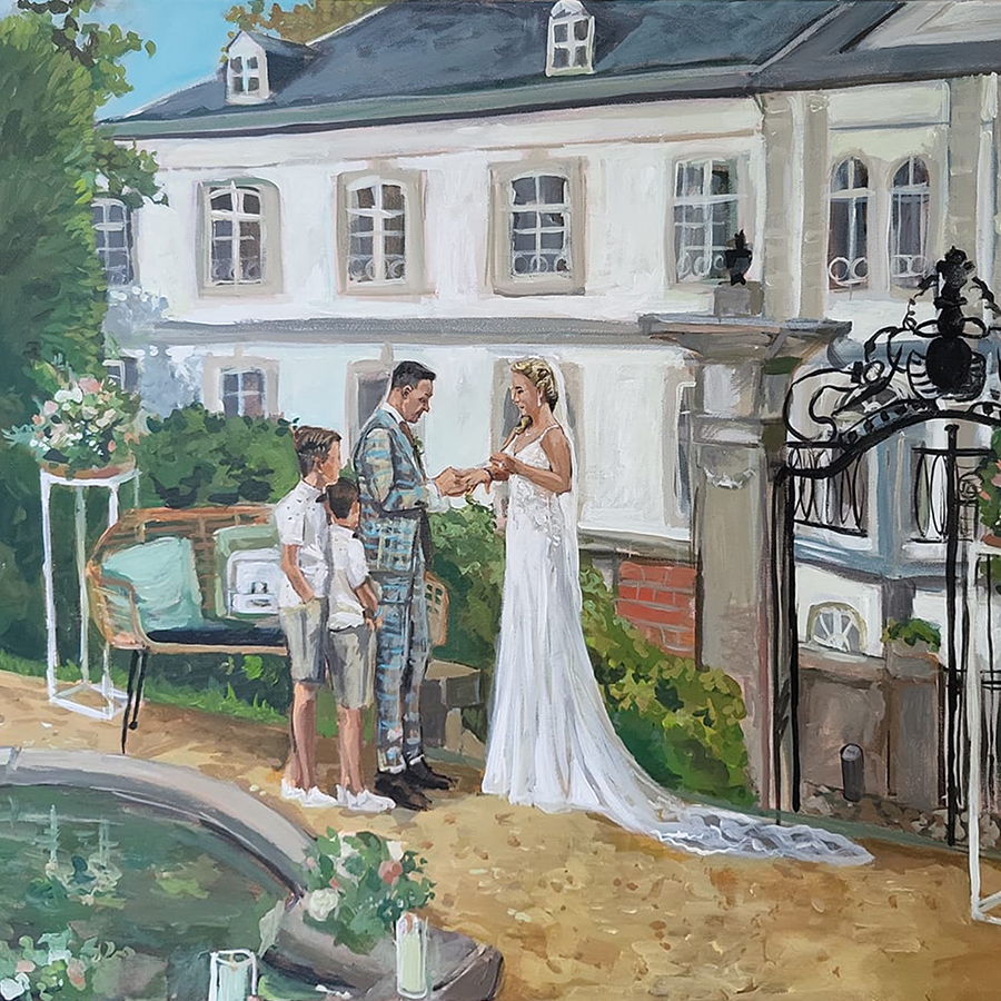 Wedding painting made live. Wedding couple, bride and groom, and their two children, during their outdoor ceremony, exchanging rings.