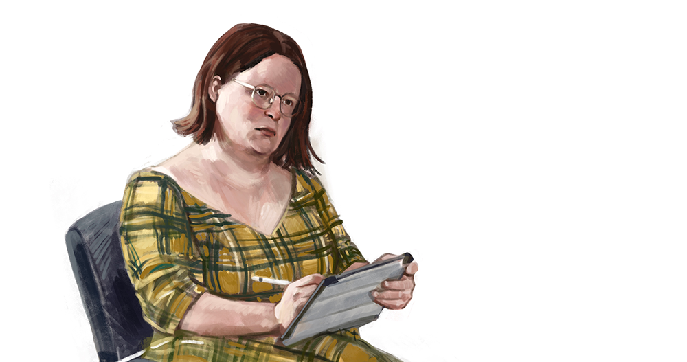 Getekend zelfportret van Renée met serieuze blik, aan het tekenen op iPad. Witte achtergrond.