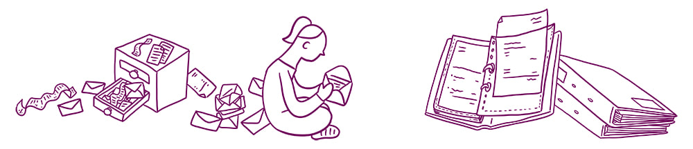 Illustratie van een heleboel bonnen en envelopjes in en rondom een lade. Iemand met een staart doet een envelop open. Daarnaast klappers.