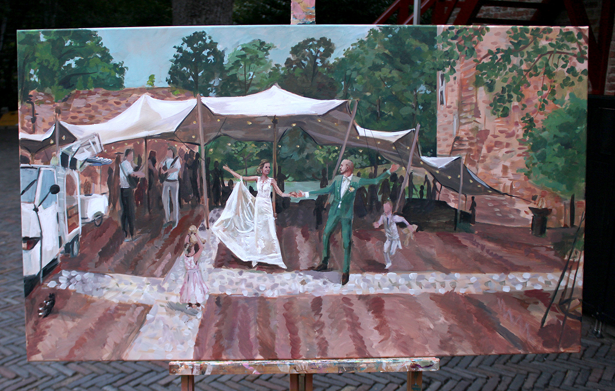 Schilderij bruidspaar doet dans, twee kinderen eromheen. Binnenplaats Kasteel Duurstede