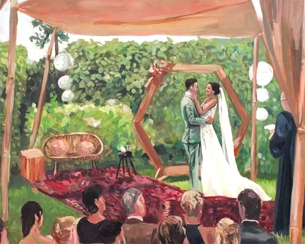 Schilderij van huwelijksdiner, de gasten proosten. Tafel staat in weiland, groene omgeving.