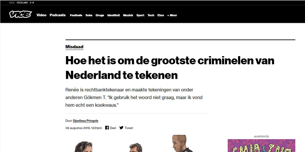 Screenshot van interview op Vice. Hoe het is om de grootste criminelen van Nederland te tekenen.
