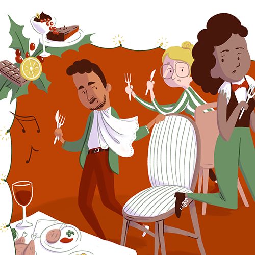 illustration of people dancing around chairs and christmas dinners.