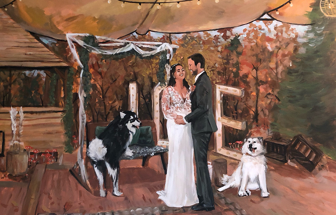 Schilderij bruidspaar (staand voor backdrop en bankje) en hun honden, herfstbruiloft.