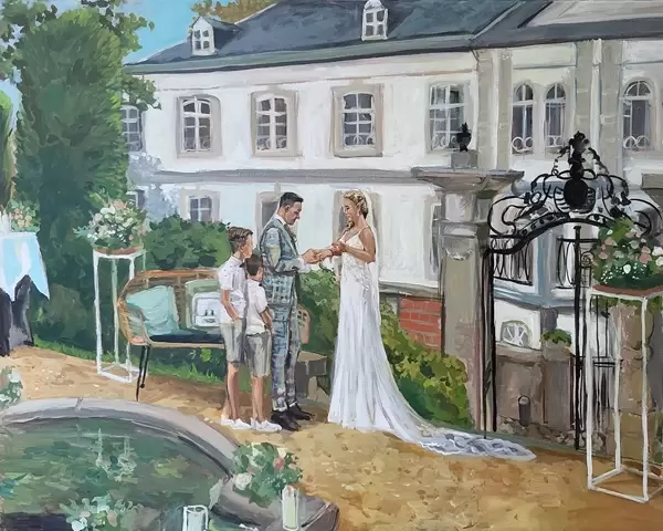 Schilderij buiten Kasteel Bloemendal in Vaals. Bruidspaar met twee zonen, ringen uitwisselen. Fonteintje, zuilen, tafeltje, veel bloemen, poortje.