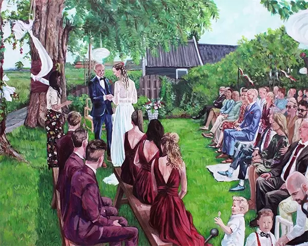 schilderij ceremonie in de achtertuin met veel details en mensen