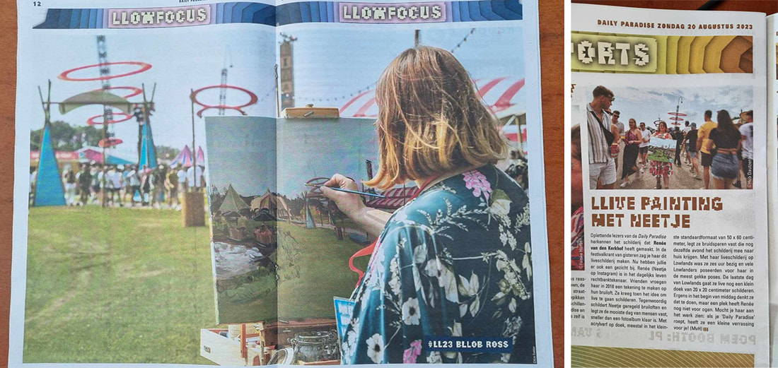 Twee foto's van de festivalkrant Daily Paradise met daarop te zien Renée met schilderij op festivalterrein