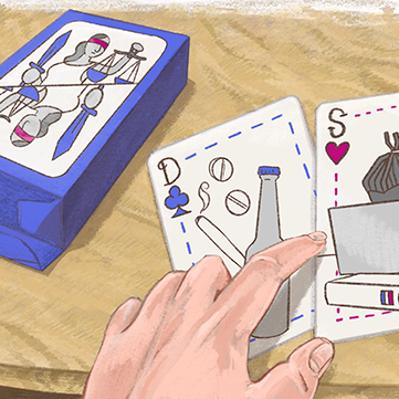Detail uit illustratie. Je ziet een hand en een kaartspel over de rechtspraak.