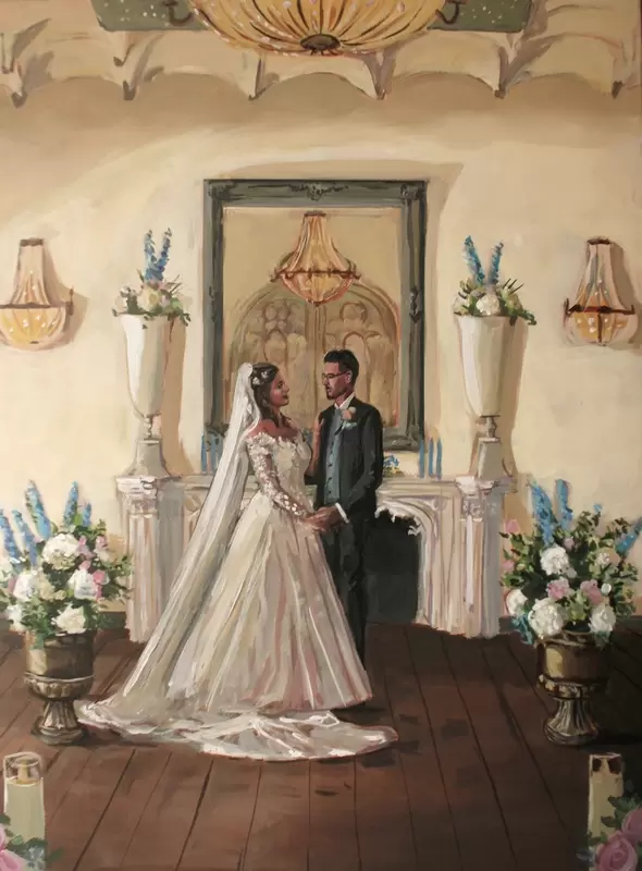 Wedding painting in Schaffelaar Castle in Barneveld, bride and groom and florals