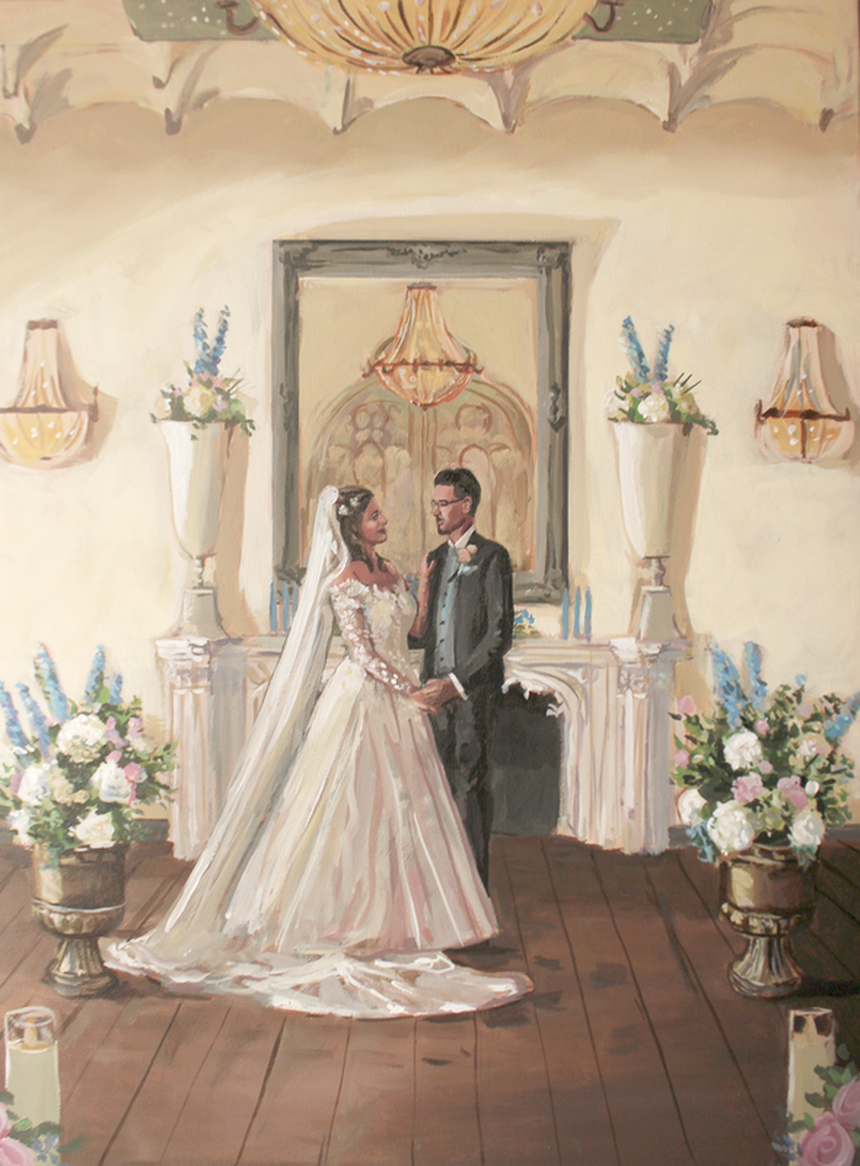 Bruidspaar, staand in symmetrische trouwzaal. Geschilderd. Bruid draagt sluier.