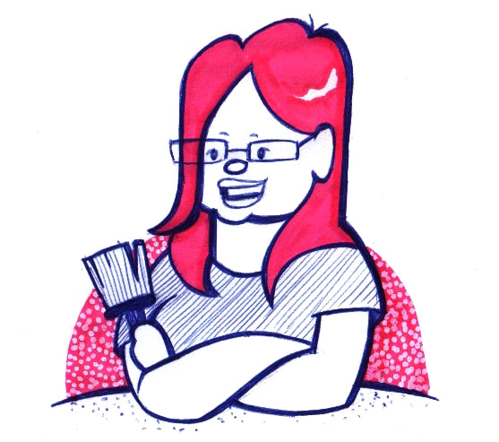 Getekend zelfportret van Renée met donkerblauw en rood. Houdt een kwast vast. Achtergrond heeft stipjes.
