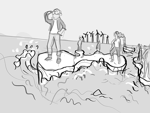 Dit beeld gaat over het advies van de Jongeren Denktank Coronacrisis dat ik heb mogen illustreren. In deze schets staan een aantal jongeren op kleine stukjes rots in de zee. Op de achtergrond zie je windmolens.