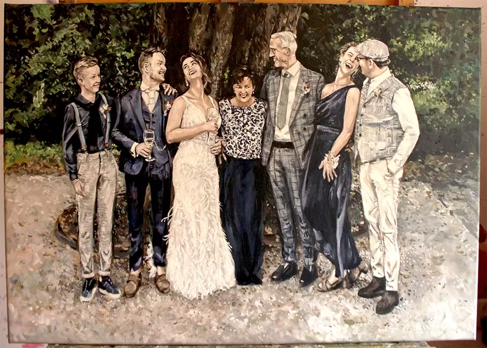 Family during wedding, painted in front of a tree and bushes.
