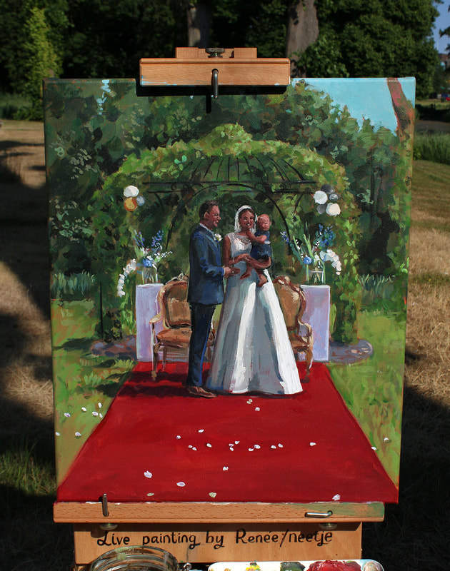 Schilderij prieeltje met bruidspaar, bruidegom, bruid en kind in donkerblauw jurkje. Witte rozenblaadjes op rode loper.