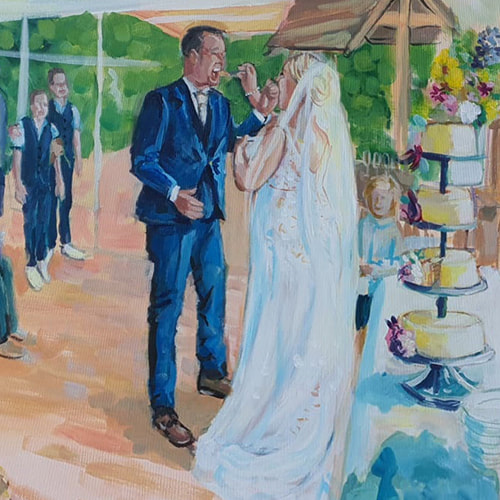 Painting of a wedding couple, eating the first piece of pie together.
