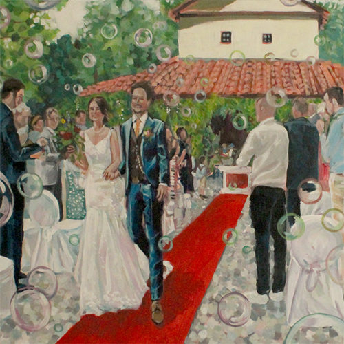 Painting of the walk on the red carpet, the ceremony exit. With bubbles.
