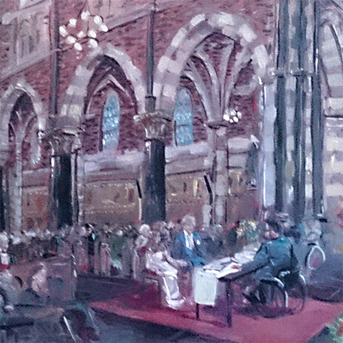 Schilderij van bruidspaar in een kerk. Impressie van hen en hun gasten. Mooie grote bogen van de kerk en de trouwambtenaar ook zichtbaar.