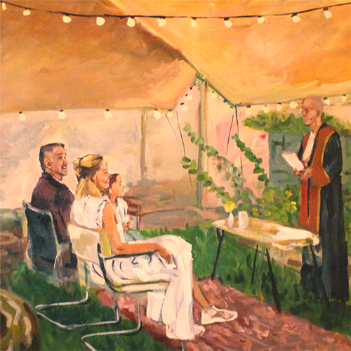 Wedding couple with grandchild, under a tent.
