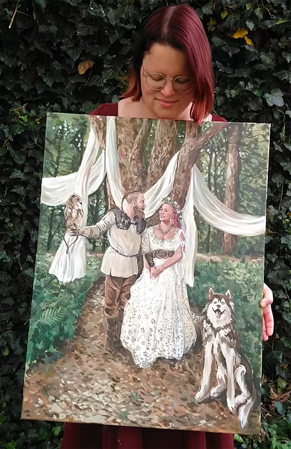 Viking wedding painting, owl, dog, forest