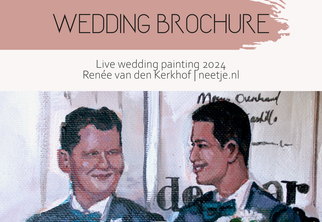 Preview image of the wedding brochure. Live wedding painting 2024 - Renée van den Kerkhof - neetje.nl. Detail of wedding painting with two grooms